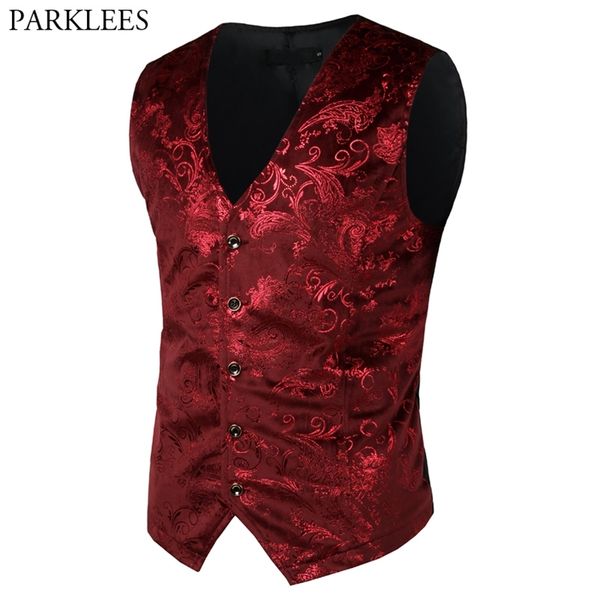 Mens Vermelho Paisley Bronzing Colete Único Breasted V-Neck de V-Neck Convests Homens Gótico Aristocrata Steampunk Victorian Gilet Homme 210923