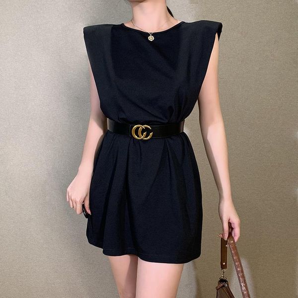 

casual dresses bodycon black dress solid loose type o neck knee-length width shoulder sleeveless summer street causal wear 2021 fashion clot, Black;gray