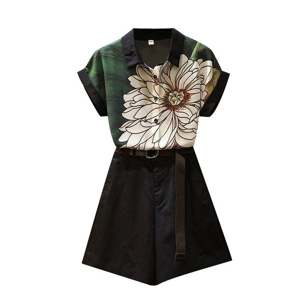 

summer chiffon print two piece sets women casual shirts & shorts suit ladies large size loose fashion dress, White