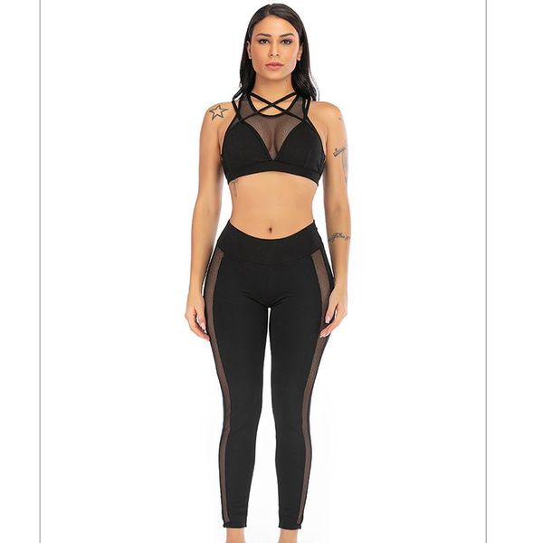 

yoga outfit 2021 europe and the united states mesh suit, cross shoulder straps hollow female sports fitness hip raise set