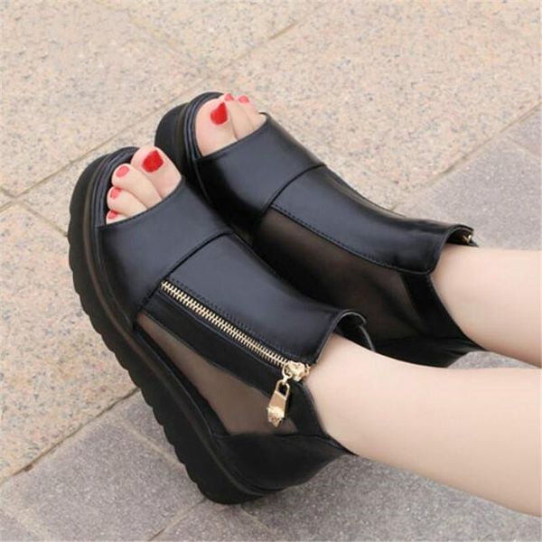 

dress shoes drop summer wedge heels women sandals open toe fish head platform high breathable, Black