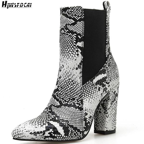

boots hjwsfdcai women chunky heel snakeskin pattern elastic opening ankle ladies casual high booties punk style mujer shoes, Black