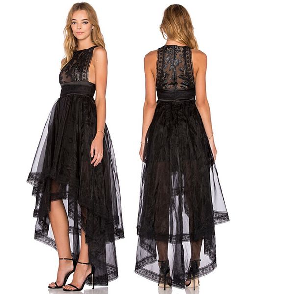 

high low lace organza embroidery slim women dresses party new runway sleeveless long maxi ankle-length black dress, Black;gray