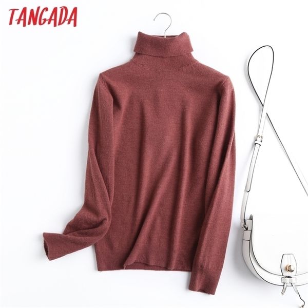 Tangada Chic Mulheres 100% Lã Turtleneck Sweater Vintage Escritório Senhoras Fina Jumper Tops 6D06 211103