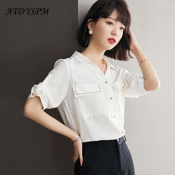 

women's blouses & shirts ladies summer slim white chiffon with pockets half- sleeve lapel elegant women casual shirt