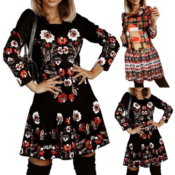 

casual dresses christmas dress women's printed snowflake loose hem long sleeve elegant round neck vestidos, Black;gray