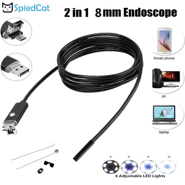 

mini cameras 1/2/5m soft cable 8mm lens 6 led 2in1 snake inspection pipe micro/usb for android smart phone pc window
