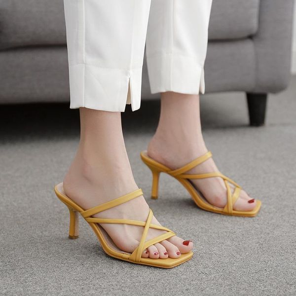 

dress shoes 2021 summer fashion women yellow high heels slippers mules square toe stiletto slides beach footwear female prom, Black
