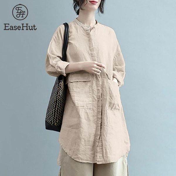 

women's blouses & shirts easehut women cotton linen blouse vintage stand collar pocket long sleeve tunic plus size loose casual shirt, White