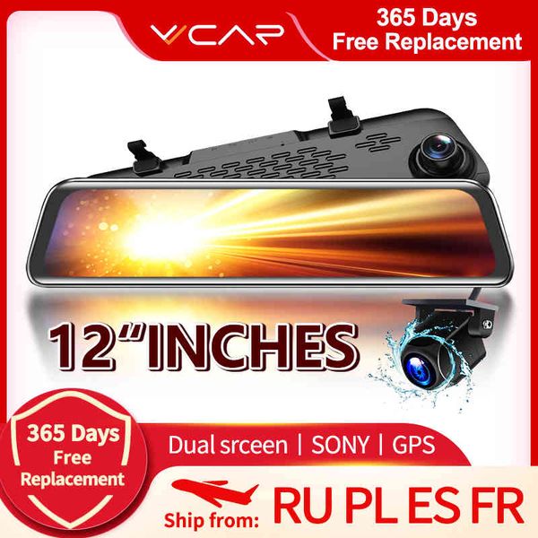 

vvcar-v17 12-inch rearview mirror car dvr camera dashcam gps fhd dual 1080p lens driving video recorder dash cam