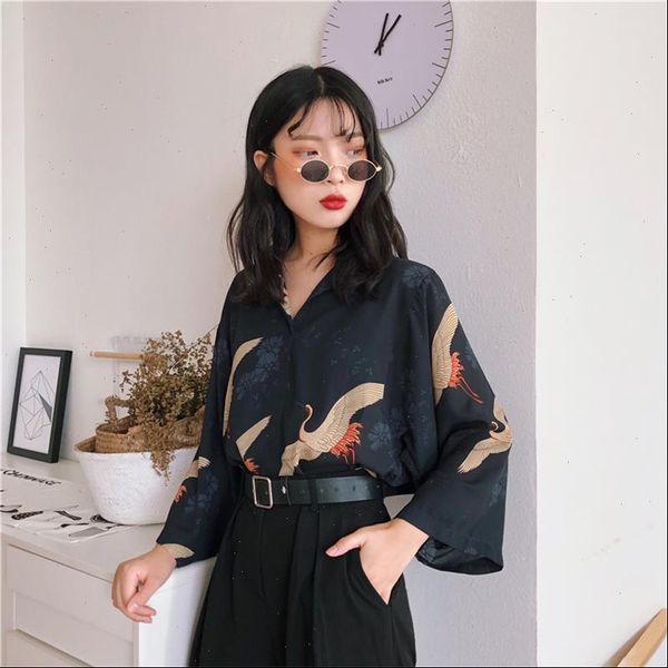 

clothes japan kawaii retro summer womens shirts style vintage crane punk harajuku cute tunic for women, White