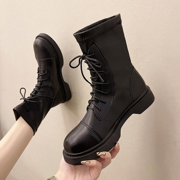 

boots lace up shoes luxury designer boots-women round toe flat heel ladies rock med fashion 2021 autumn ankle summer rubber fabr, Black