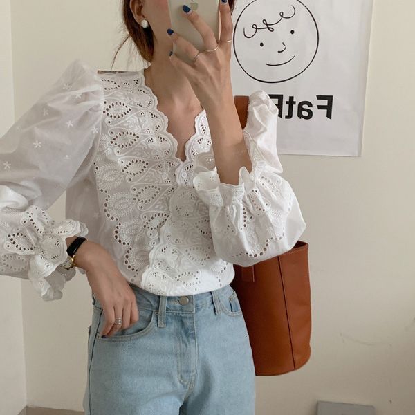 

blouses korean french sweet lace hook flower hollow v-neck blouses fashion versatile soft elegant bubble sleeve shirts, White