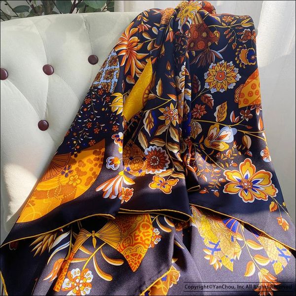 

pure silk scarf 140 hand rolled edges 100% mulberry-silk women large scarves for ladies designer foulard satin, Blue;gray