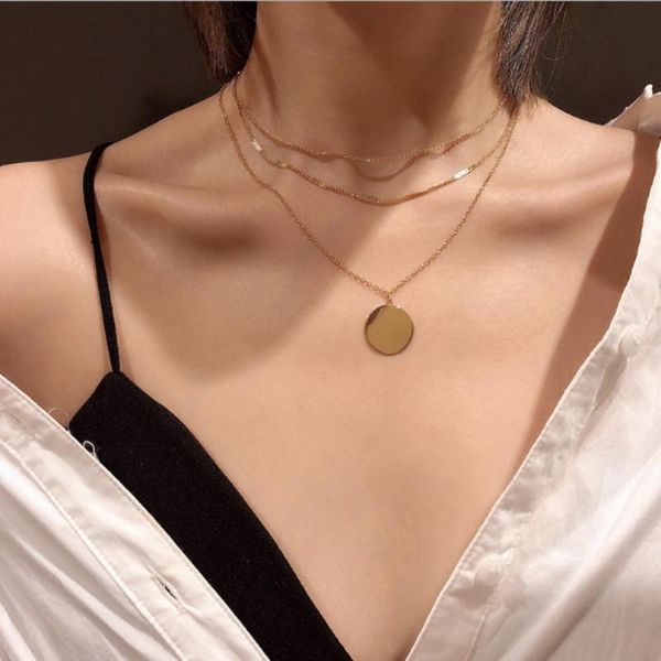 

simple temperament multilayer metal disc necklace clavicle chain chains, Silver