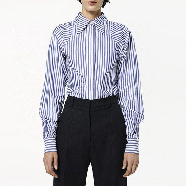 

women's blouses & shirts 2021 early spring product fashion butterfly collar single-breasted blue and white stripes color matching long-