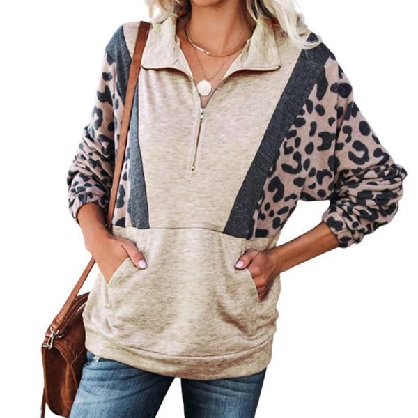 

women's new lapel zipper fall winter pullover leopard print, Blue;black