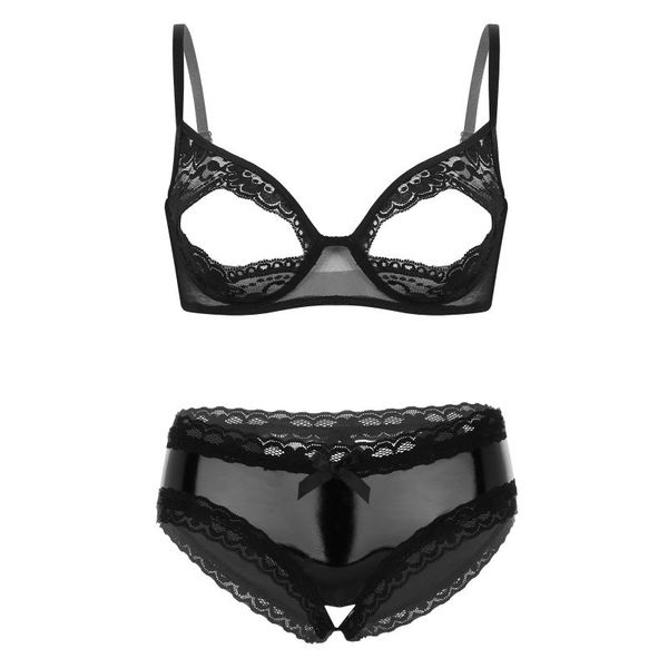

one-piece suits womens lingerie set underwear sheer lace flor nipple split unlined bra with patent leather crotchless briefs panties