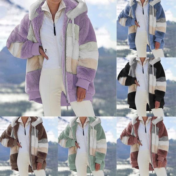 

ladies jacket winter hooded loose long-sleeve plush coat with zipper slim fit windbreak outwear d4 women's jackets, Black;brown