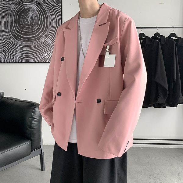 

japanese and korean style suit coat men's casual coats 2021 new autumn trend loose blue black double breasted blazer 9y9808, White;black