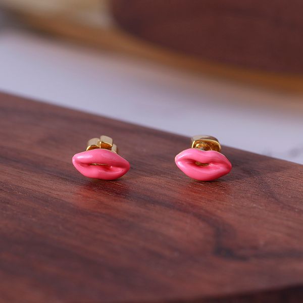 

lips design stud trendy cute gold color pink enamel brand luxury girls gift earrings jewelry, Golden