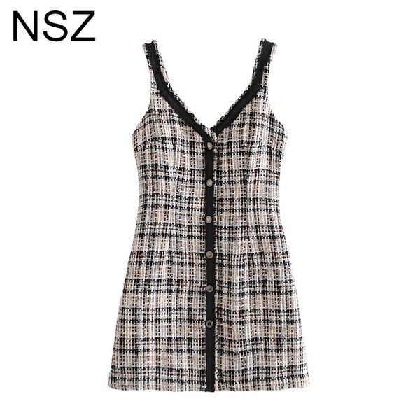 

nsz women plaid tweed tank dress contrast colors sleeveless checked v neck cami spaghetti strap dress, Black;gray