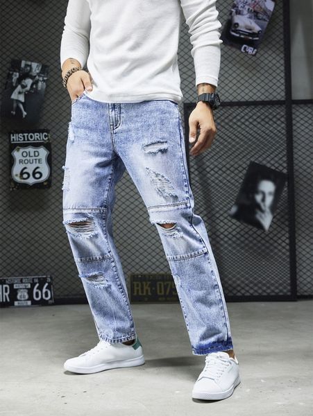

men ripped bleach wash straight leg jeans h08k#, Blue