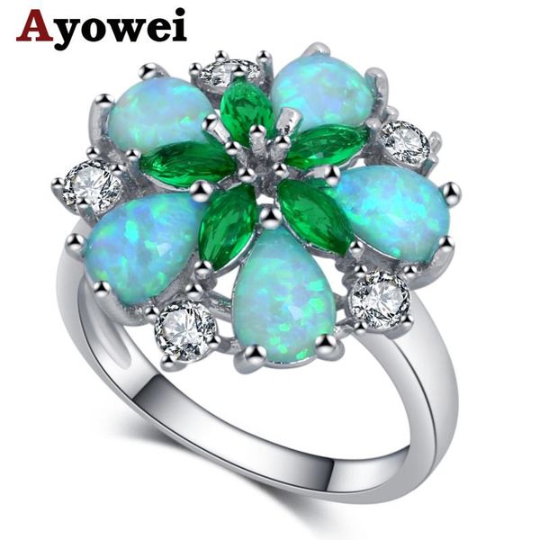 

wedding rings ayowei green flower shape opal silver color stamped ring anniversary gift designed for women or917a, Slivery;golden