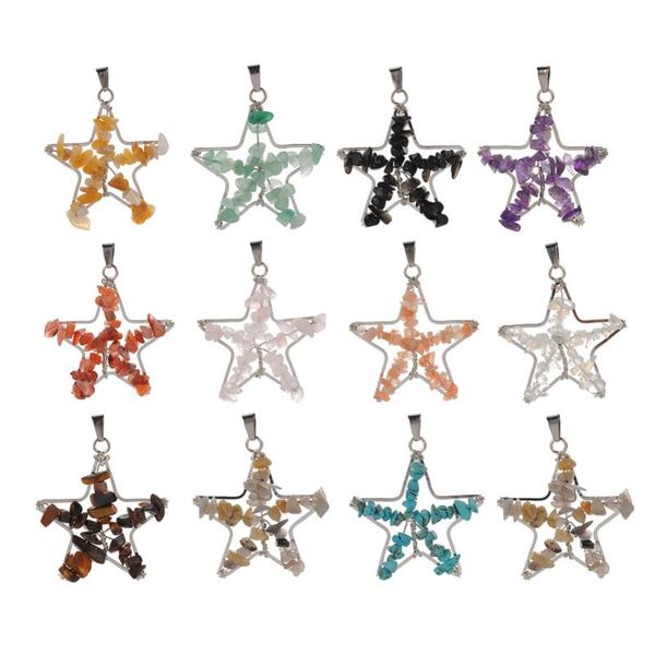 

pendants tree of life handmade wire wrap pentagram pendant natural stone gem gravel pink quartz tiger eye aventurine bead for necklace, Black