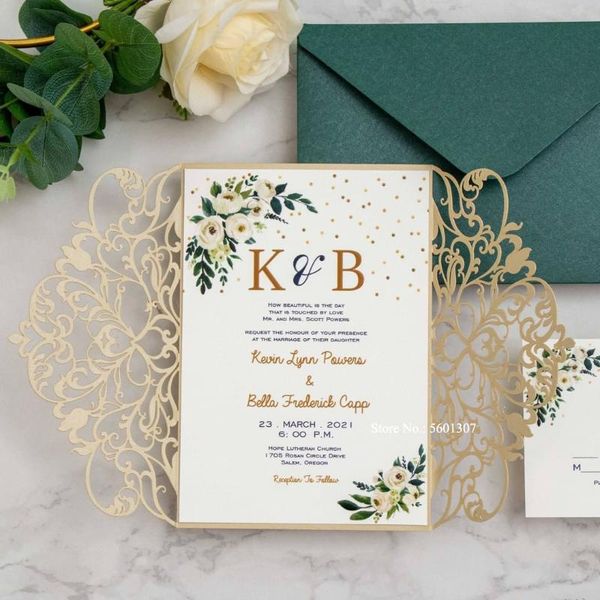 

(50pieces/lot) beige pocket fold wedding invitation with personalized printing and green maenvelope greeting cards