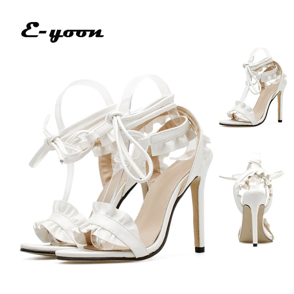 

sandals fashion11.5cm white high heels plus size women summer pumps lotus leaf lace shoes solid ladies cross straps roman sandal, Black