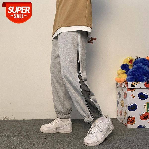 

hong kong style zipper stitching wide-leg pants men's korean version of the trend loose student straight leg sports #s37r, Black