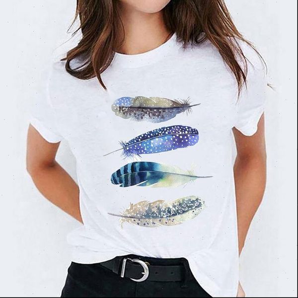 

feather casual summer autumn women t shirt short sleeve print graphic tee, White