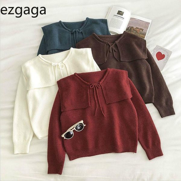 

women's sweaters ezgaga women knitted sweater preppy style lace up turn-down collar autumn korean fashion long sleeve short, White;black