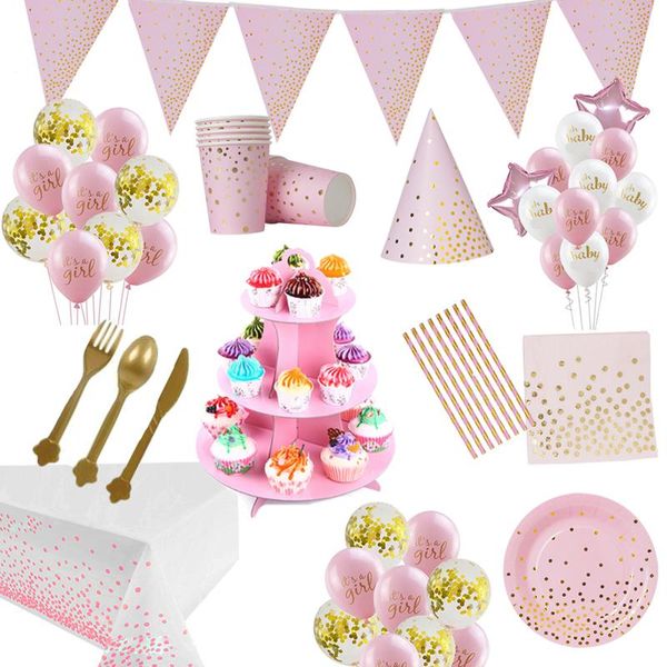 

disposable dinnerware pink golden dot paper tableware girl pennant cake stand decoration holiday birthday party decoratio