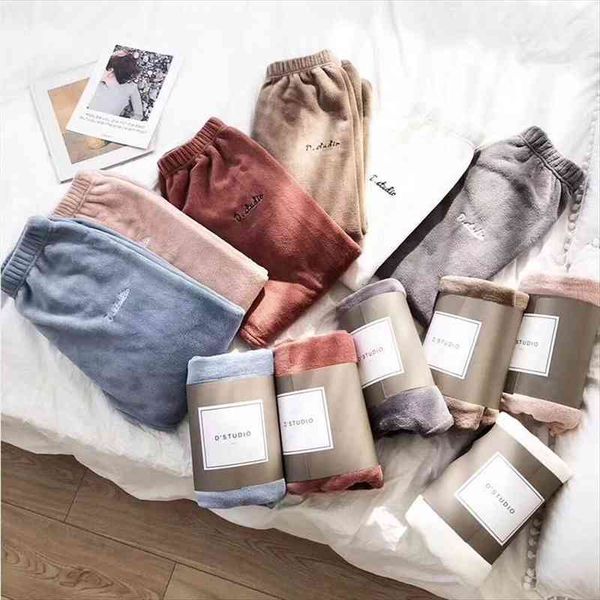 

women elastic waist home pajama trousers winter warm velvet pants ladies crop pants cashmere loose trousers homewear, Black;white