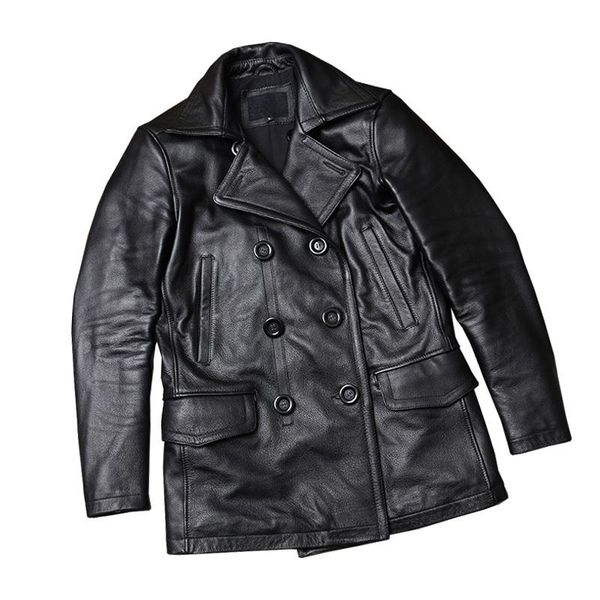 

men's leather & faux 2021 black men long casual jacket double breasted large size 5xl genuine cowhide russian autumn natural coat