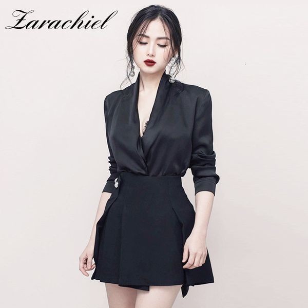 

skirts women black office satin blazer 2 piece set female v-neck shirt + high waist button pleated mini skirt suit