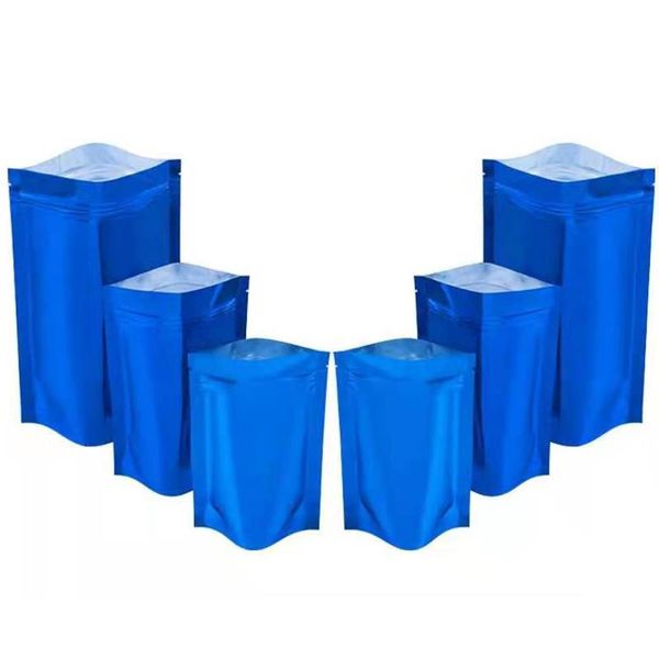 

storage bags 100pcs/lot glossy blue aluminum mylar foil bag stand up doypack tear notch self seal food packing pouches