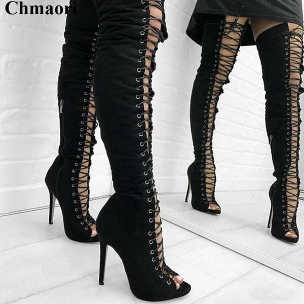

boots women open toe black suede leather over knee gladiator cut-out lace-up long high heel