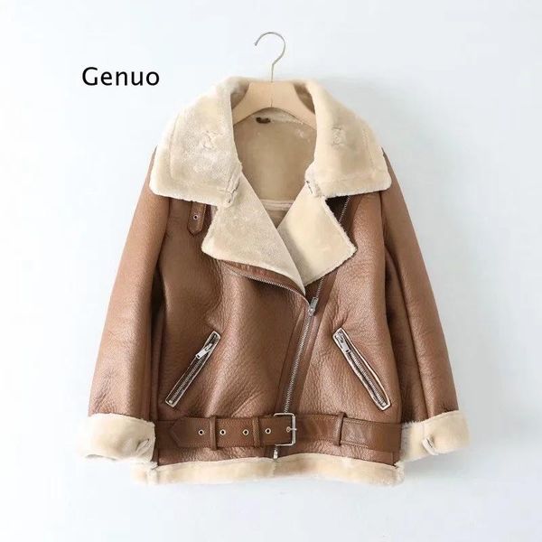 

women's leather & faux fur long sleeved loose belt warm jacket lamb wool winter thickened locomotive lapel female coat beige black chic