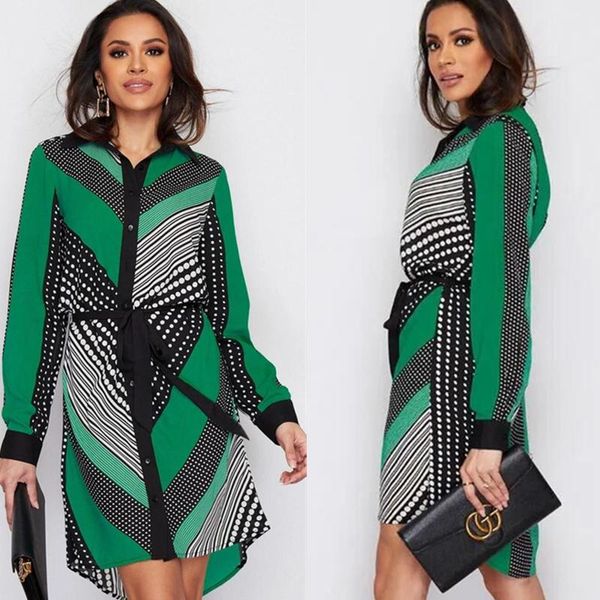 

casual dresses women autumn polka dot striped print mini shirt dress long sleeve button belt office lady party elegant vestidos, Black;gray