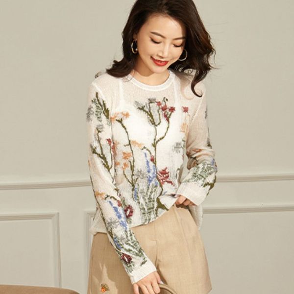 

sweaters autumn runway see through mohair sweater women bohemia long sleeve floral embroidery thin wool blend pullover sweaters, White;black
