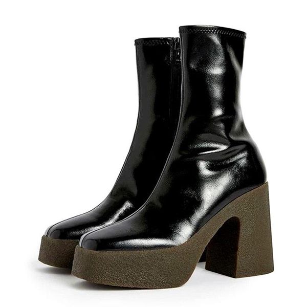 

boots designer autumn winter brand elastic microfiber leather shoes woman ankle high heels balck brown thick platform long, Black