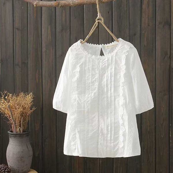 

hollow out embroidered cotton shirts loose casual summer patchwork lace slim womens 210615, White