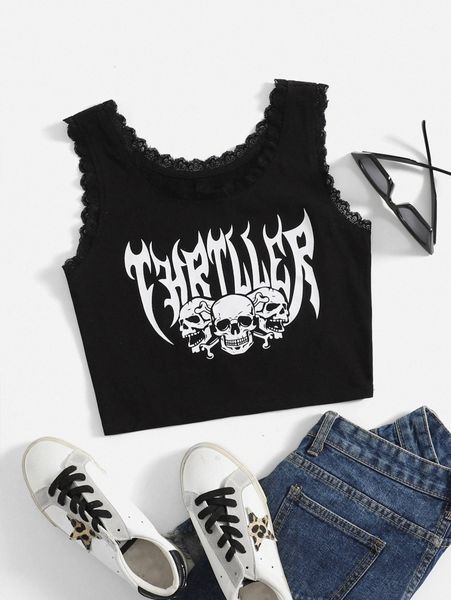 

letter & skeleton print contrast lace tank d4cg#, White