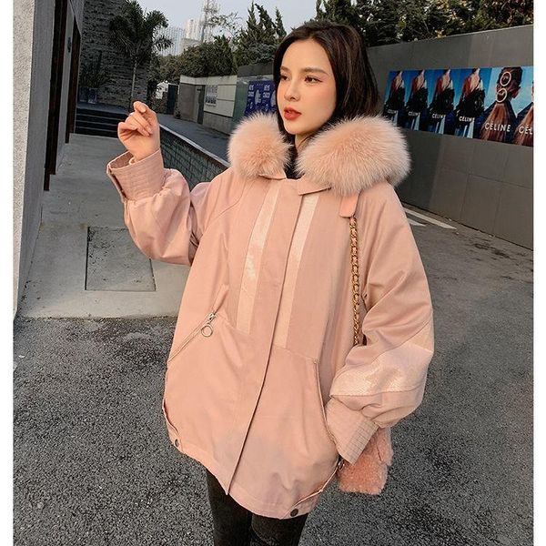 

women's fur & faux parka 2021 removable wind-resistant rex liner loose korean short collar, Black