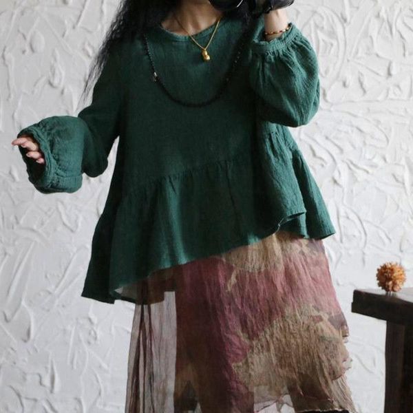 

women's blouses & shirts asymsay 2021 autumn vintage style loose ruffles hem round neck solid cotton linen blouse shirt women pullover, White