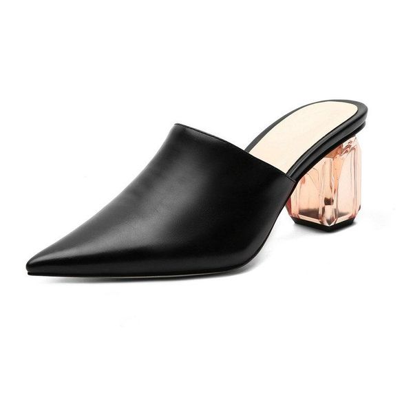 

summer pointed toe thick high heels shoes genuine leather women mules slingbacks party woman slippers, Black