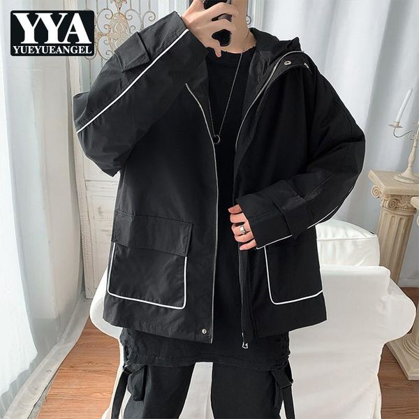 

spring autumn men loose preppy style chic jacket streetwear hip hop black hooded coat single breasted punk casual outerwear men's jacke, Black;brown